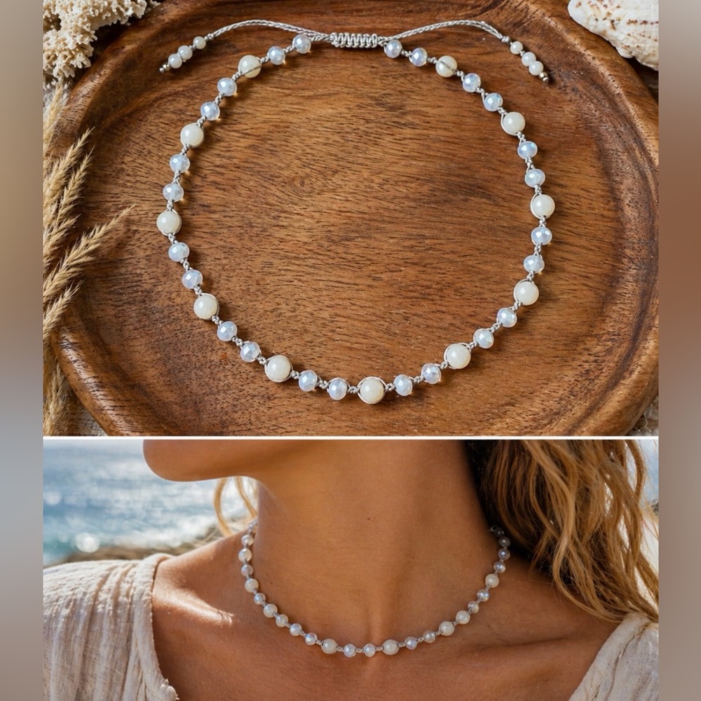 Artisan White Beaded Adjustable Cord Necklace Boho Coastal Minimalist